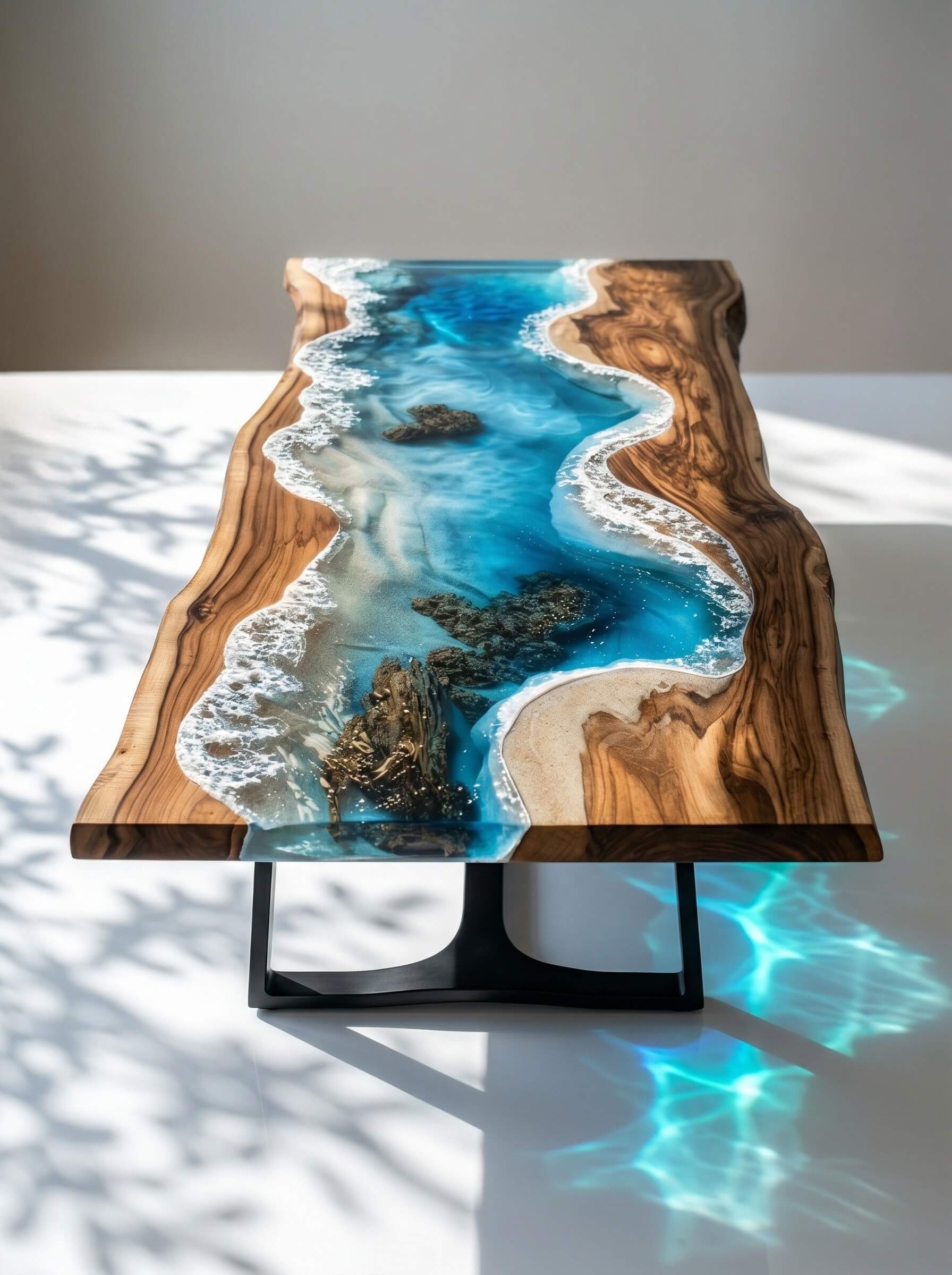 Live-edge wood table featuring a realistic 3D ocean wave scene cast in blue and clear epoxy resin with white foam details.