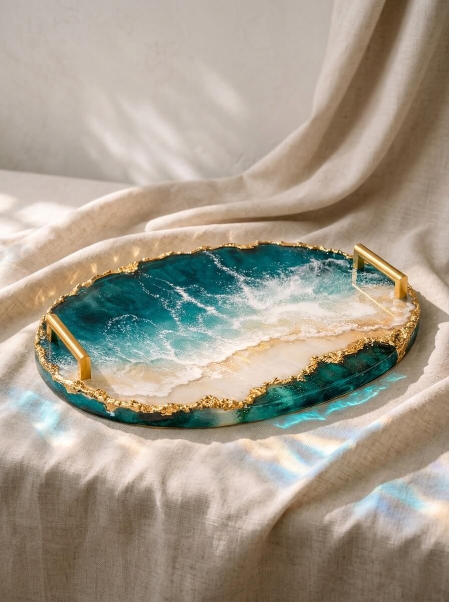Oval colored epoxy resin serving tray with gold handles featuring a 3D ocean wave beach scene and a textured gold rim.