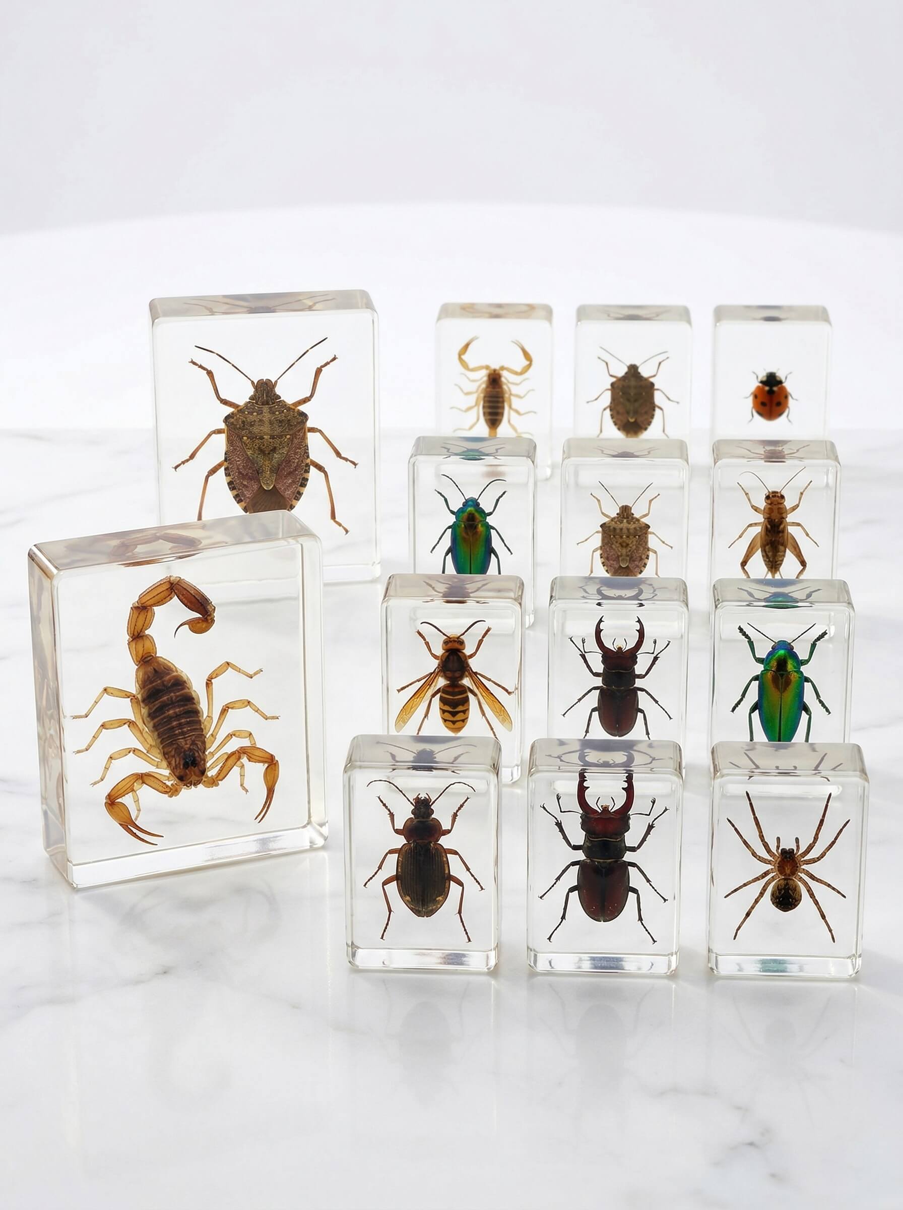 A collection of various insects, including scorpions, iridescent beetles, and spiders, individually encapsulated in clear epoxy resin blocks on a white surface.