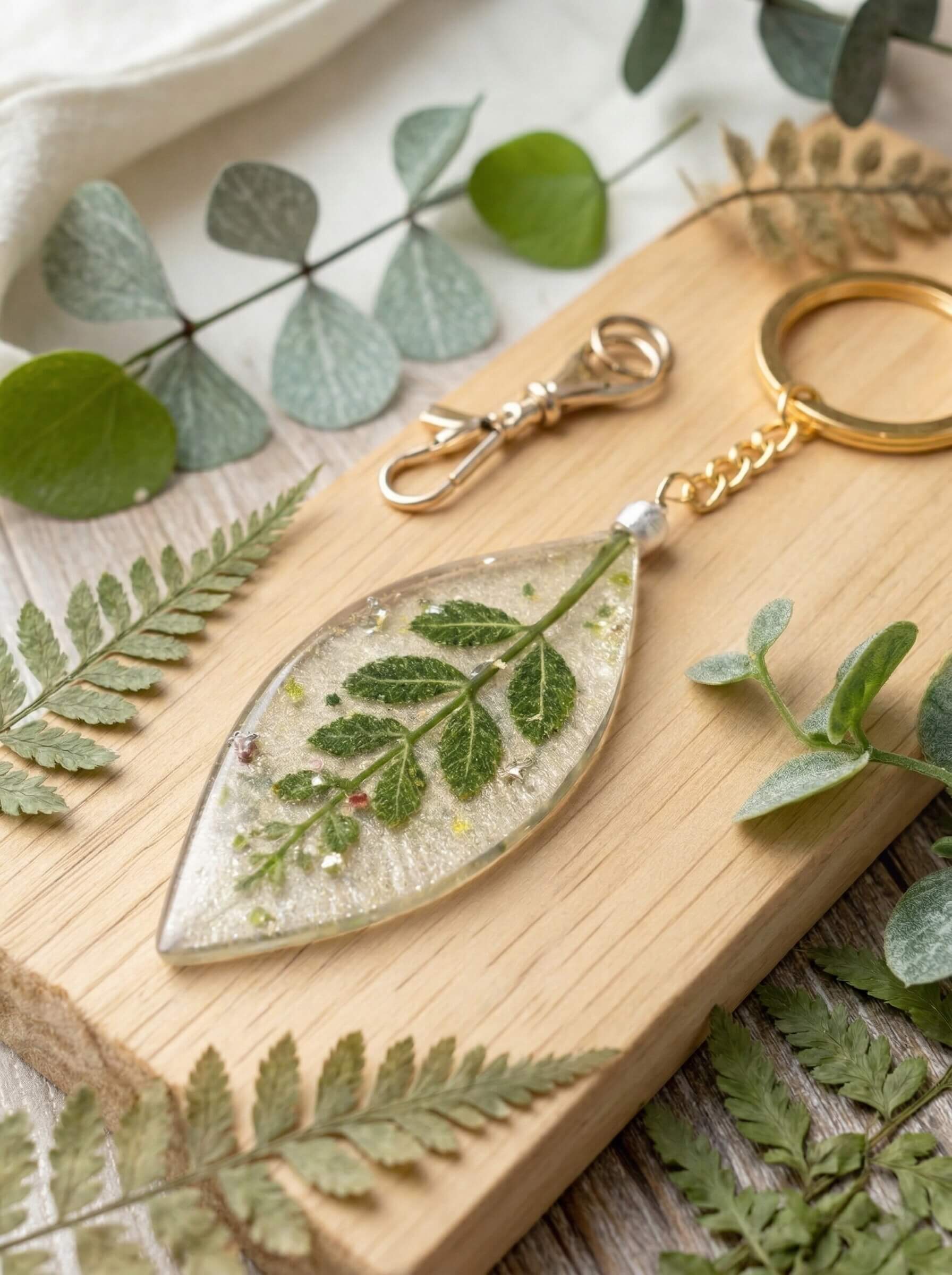 Leaf-shaped clear casting resin keychain perfectly encapsulating a bright green fern leaf and subtle glitter.