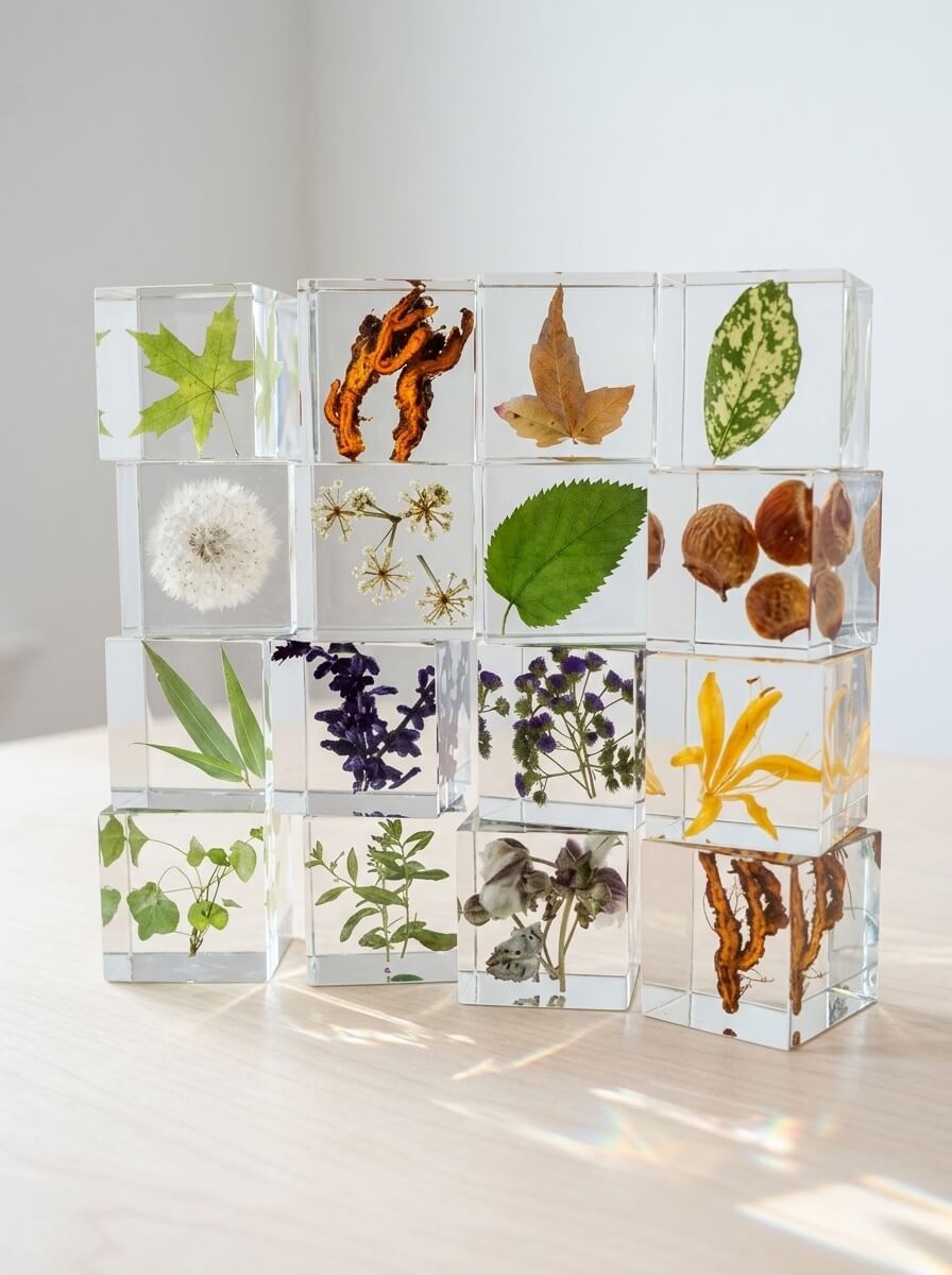 A stacked grid of perfectly clear epoxy resin cubes, each encapsulating a unique botanical specimen including green leaves, a whole dandelion, seeds, and small flowers.