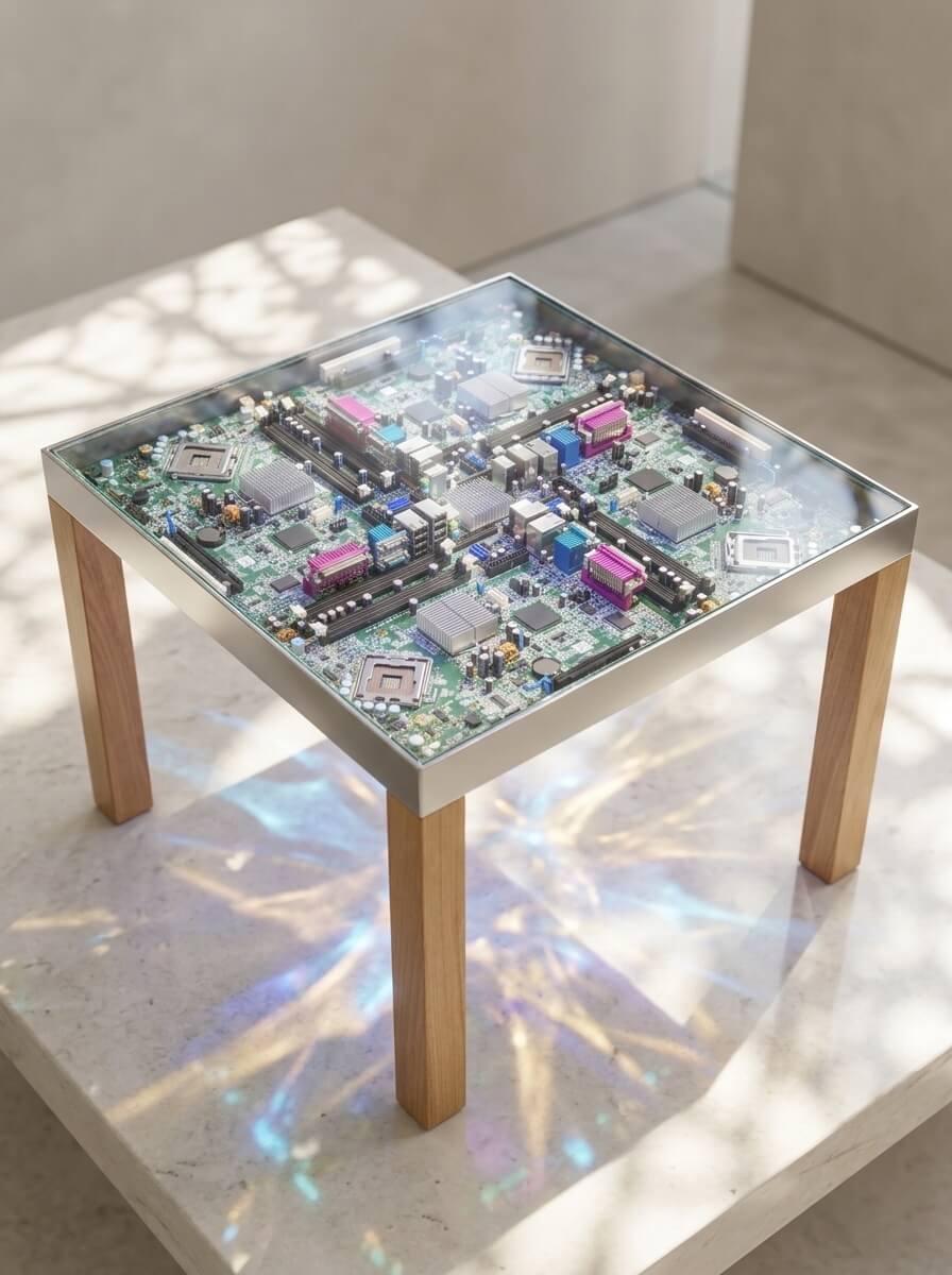 A square side table featuring a metal frame and wood legs with a surface made entirely of clear epoxy resin encapsulating a complex computer circuit board.