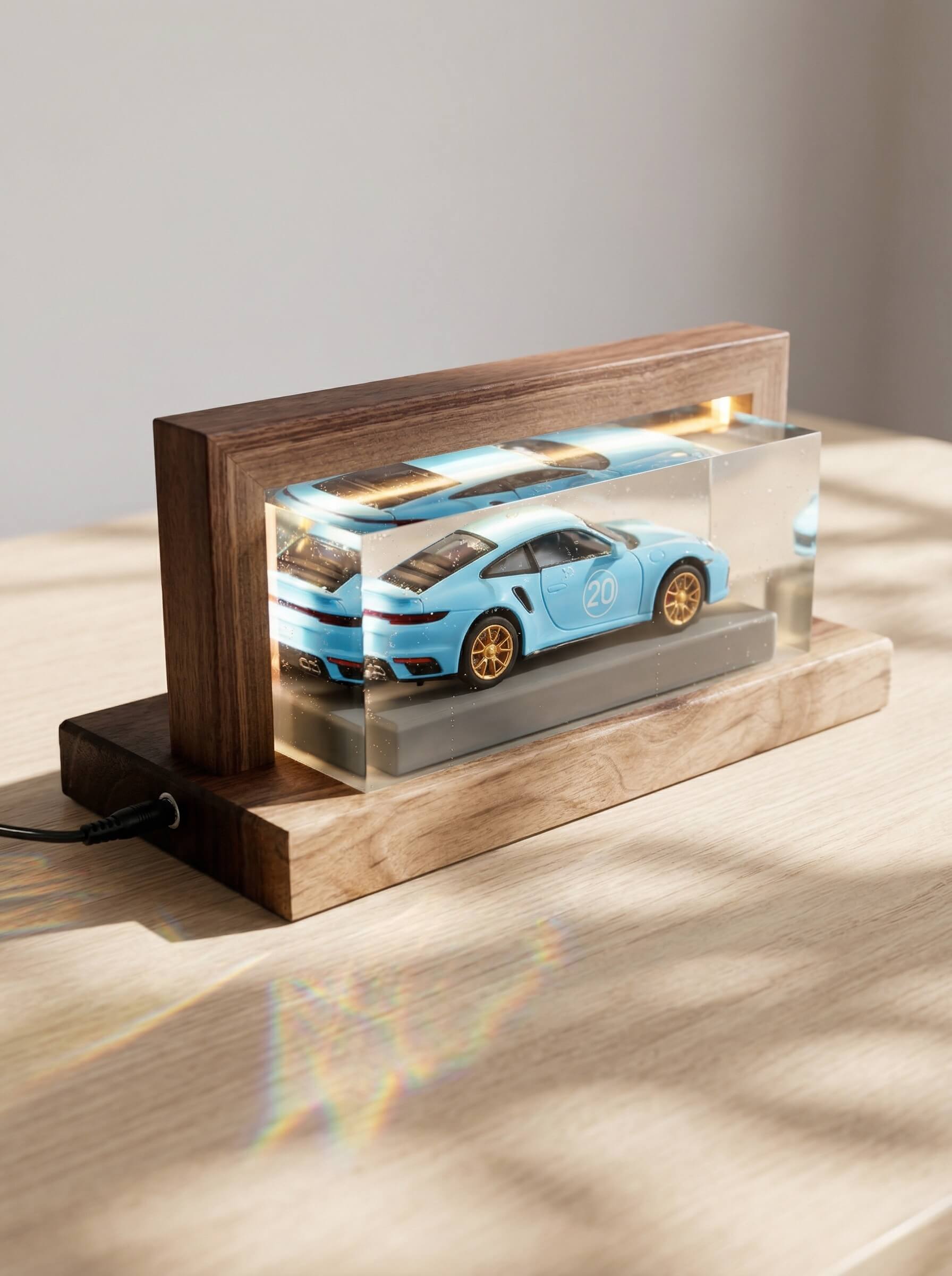 Light blue die-cast toy car encapsulated in a flawless clear epoxy resin block displayed inside an illuminated wooden frame.