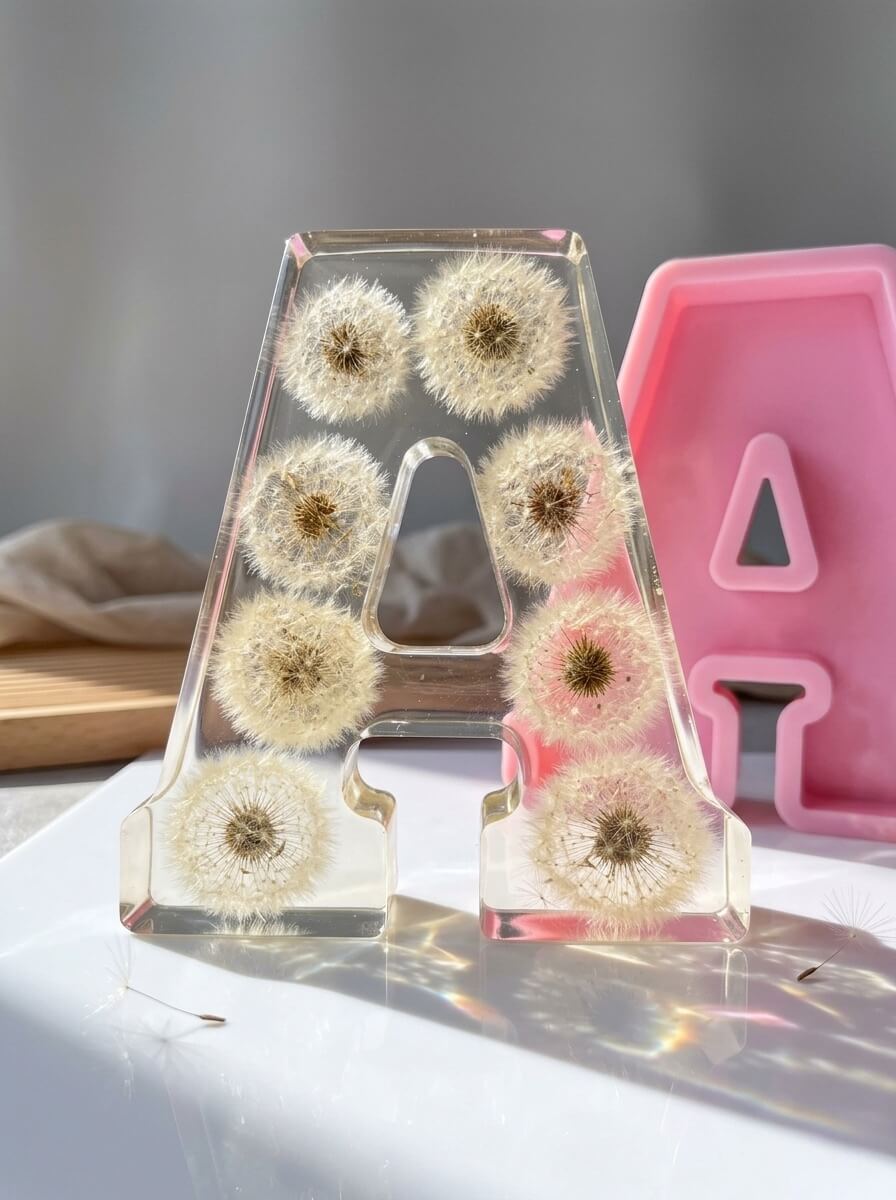 Clear casting resin letter A encapsulating whole fragile dandelions next to a pink silicone letter mold.