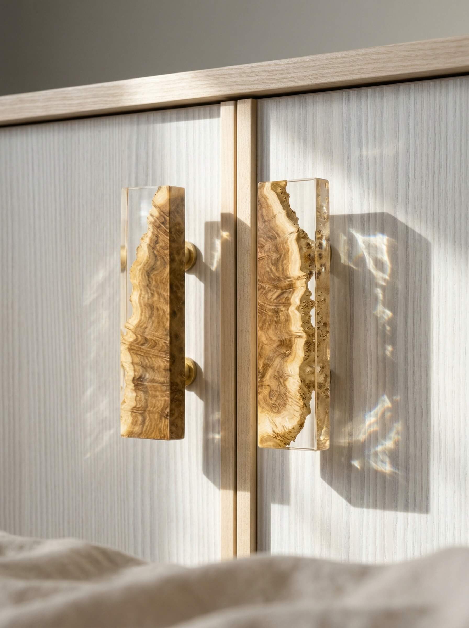 A pair of long, rectangular door handles made of clear casting resin encapsulating natural burl wood on a white cabinet.