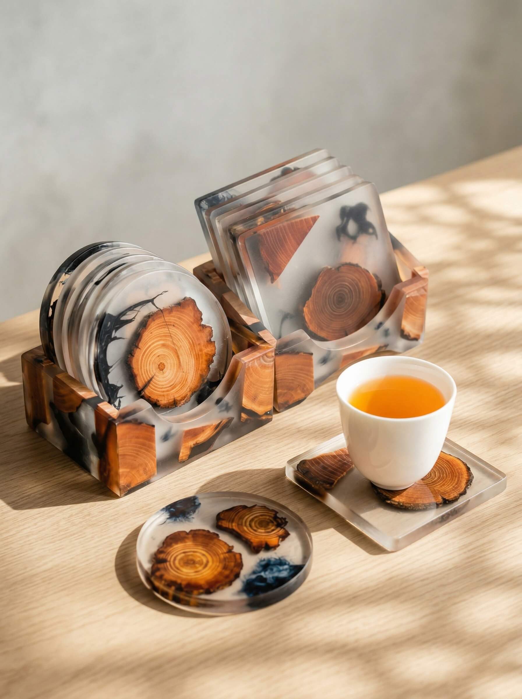 Clear casting resin square and round coasters with matching holders encapsulating natural wood slices.