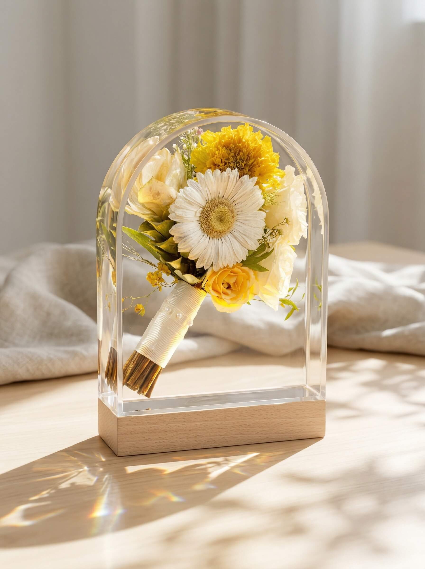 Arch-shaped clear epoxy resin block encapsulating a complete miniature wedding bouquet of yellow and white flowers tied with a white ribbon, resting on a light wood base.