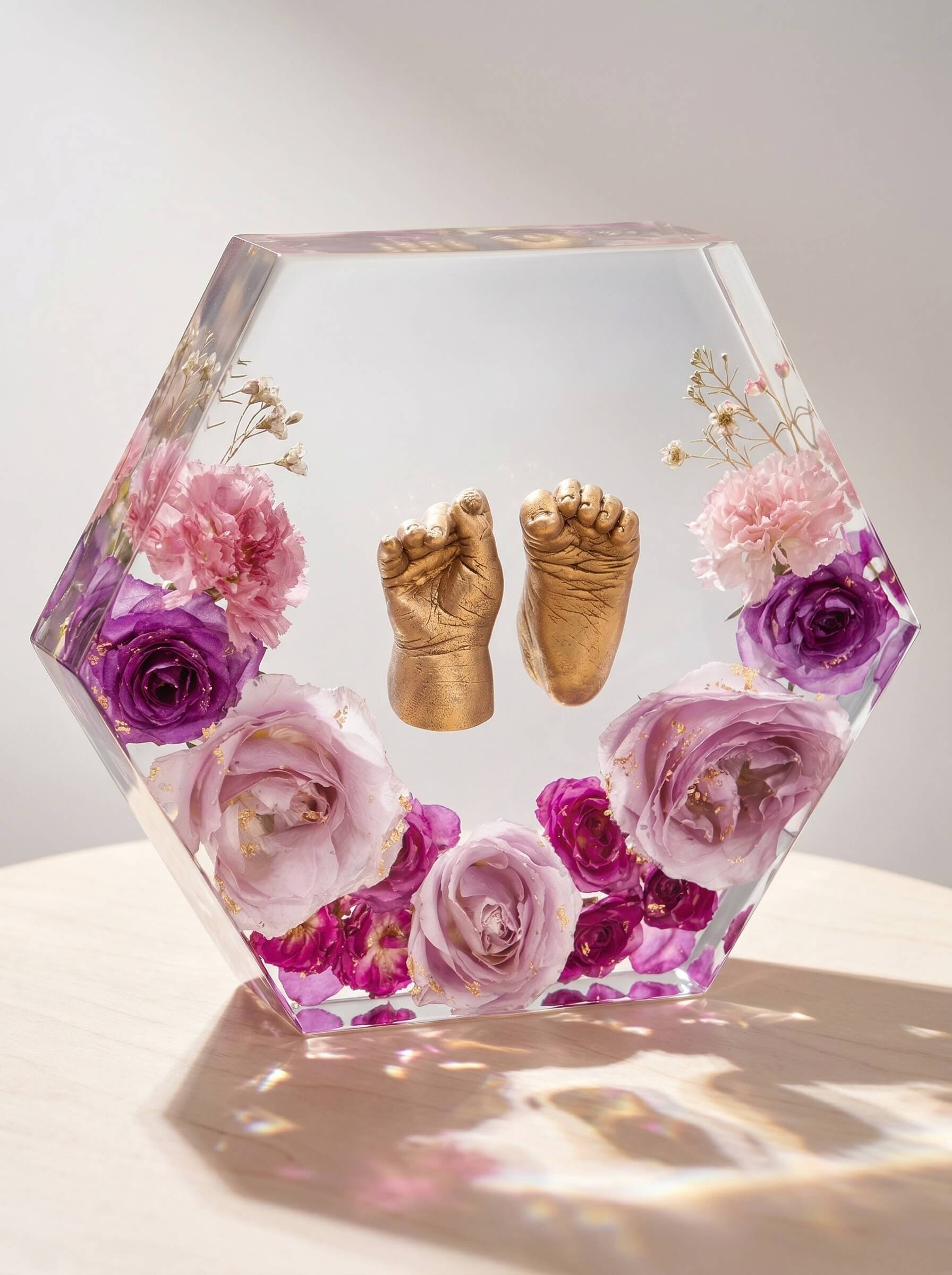 Clear hexagonal epoxy resin block encapsulating gold-painted baby foot and hand casts surrounded by pink and purple preserved roses