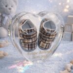 Clear heart-shaped epoxy resin block encapsulating a pair of plaid baby shoes with personalized gold text for the name and birth date.