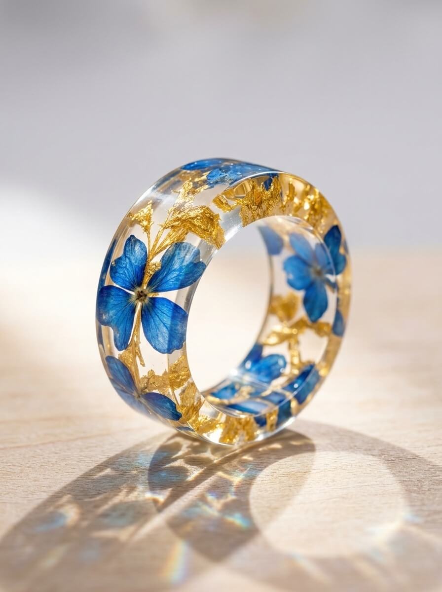 Solid clear epoxy resin ring encapsulating bright blue dried flowers and gold leaf casting colorful light refractions on a wooden surface.