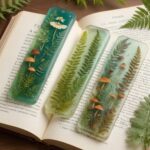 Three rectangular clear epoxy resin bookmarks encapsulating green ferns, white daisies, and tiny orange mushrooms resting on an open vintage book.