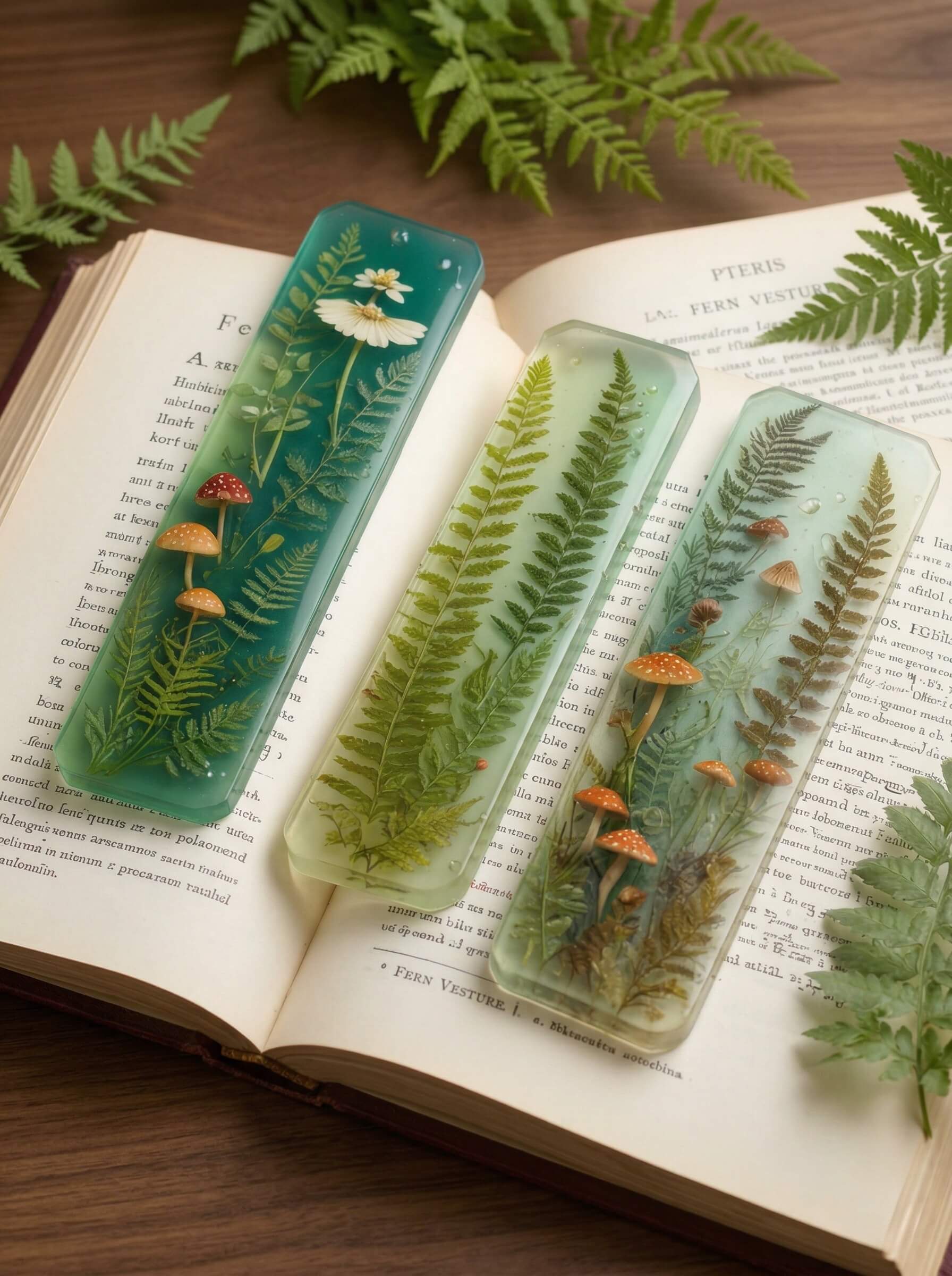 Three rectangular clear epoxy resin bookmarks encapsulating green ferns, white daisies, and tiny orange mushrooms resting on an open vintage book.