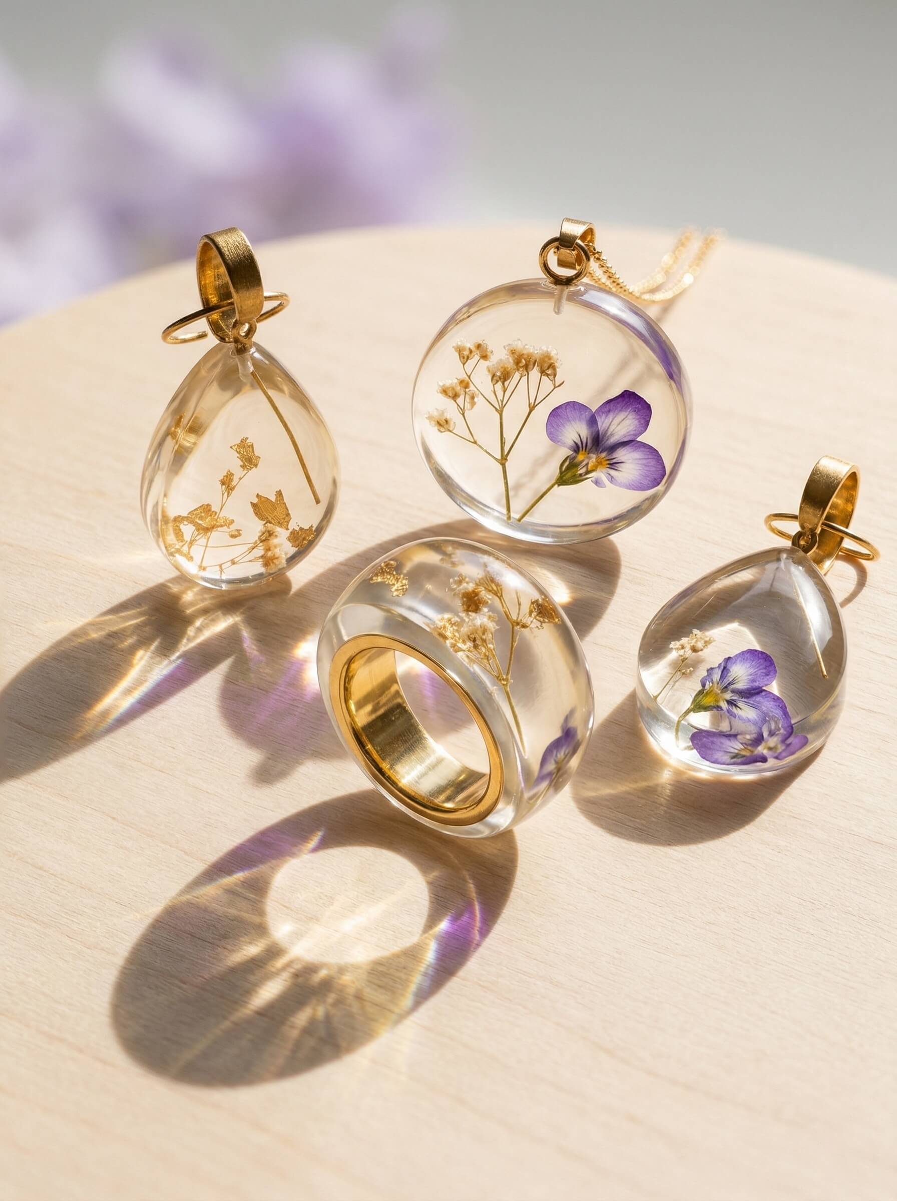 Clear epoxy resin botanical jewelry set including custom pendants and a gold-lined ring encapsulating purple and white dried flowers.