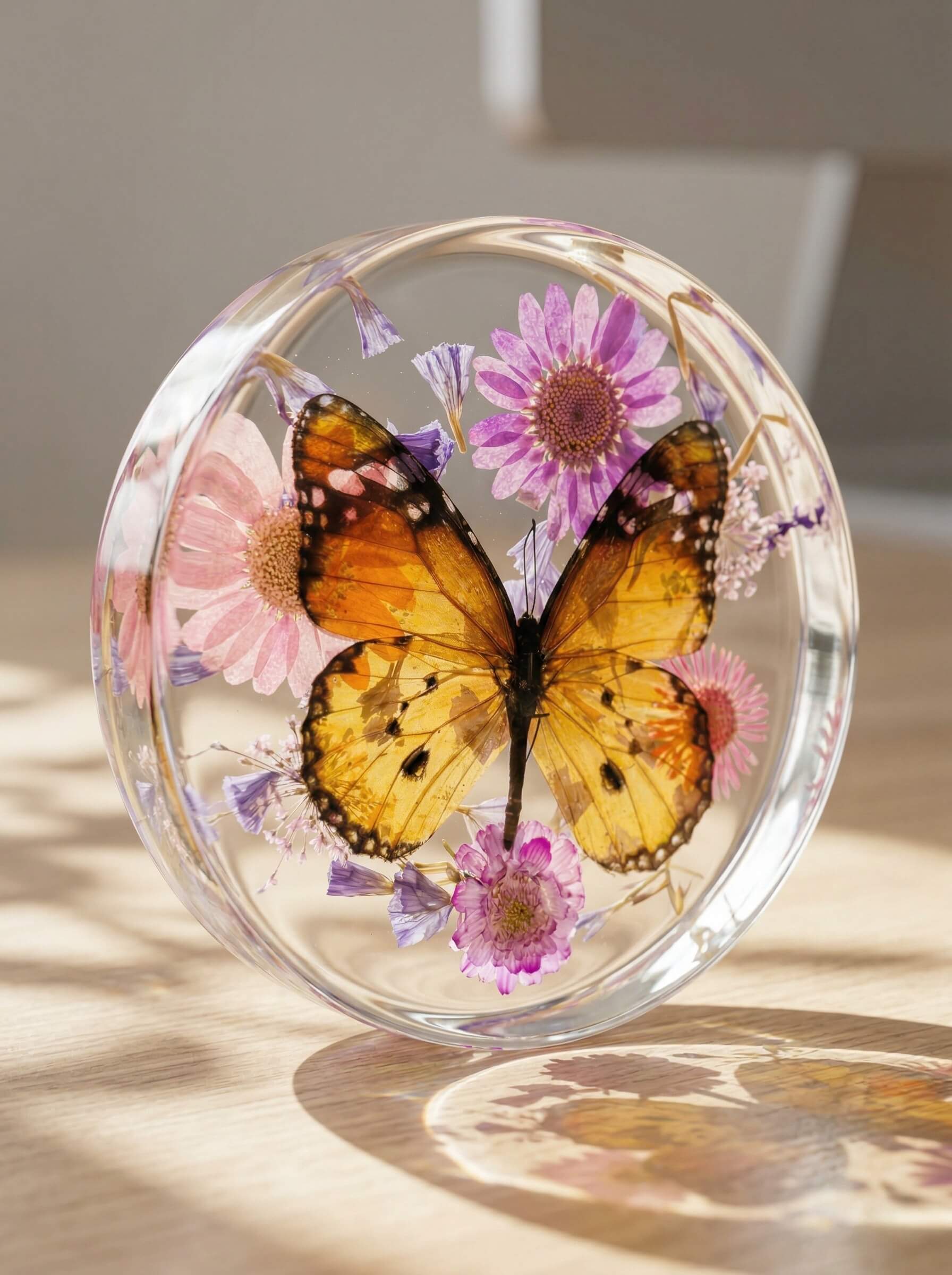 Round, polished clear epoxy resin paperweight encapsulating a large yellow butterfly surrounded by delicate pink and purple flowers.