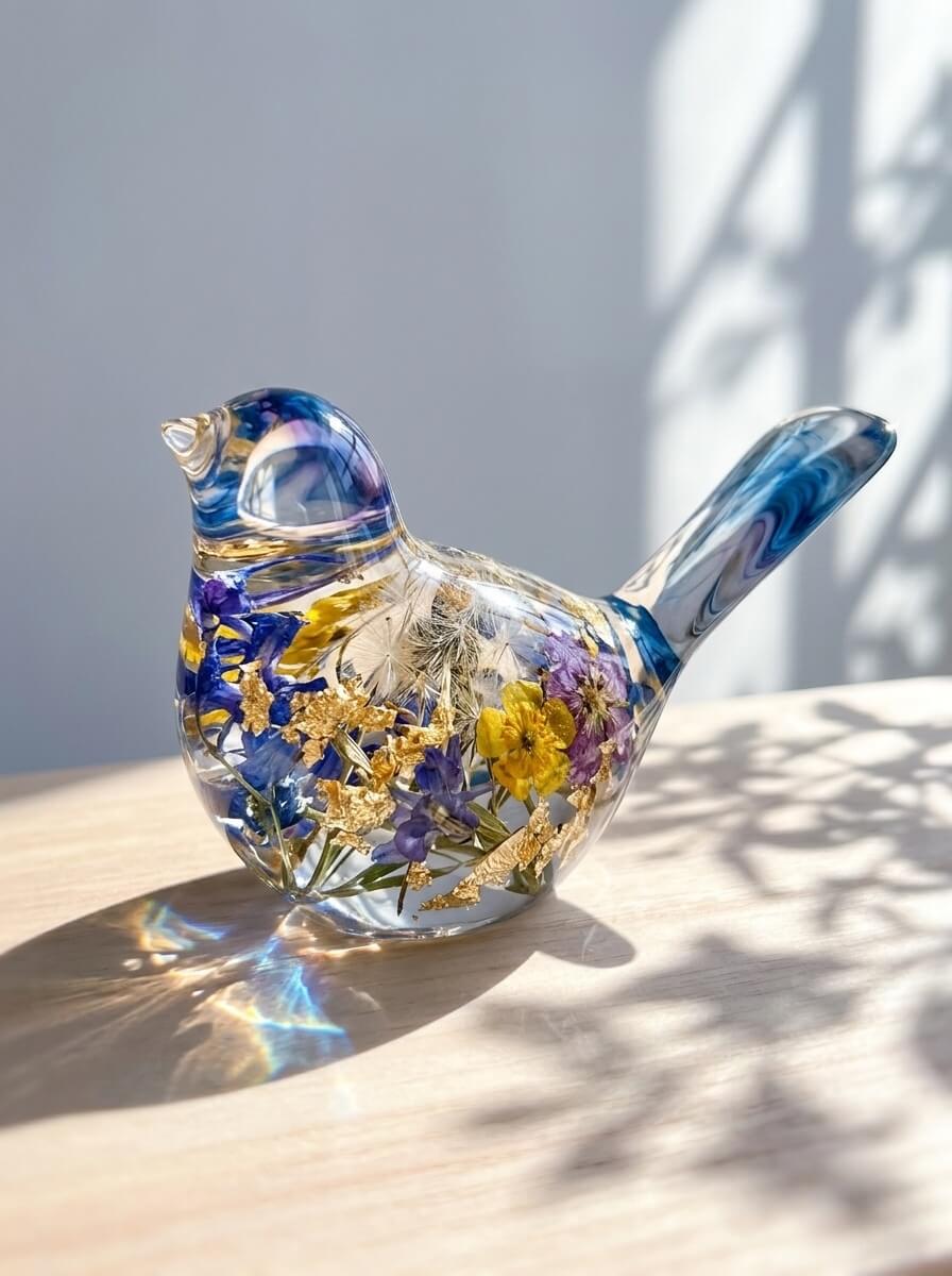 Clear epoxy resin bird figurine encapsulating dried blue and yellow flowers with gold flakes catching sunlight.