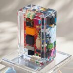 A complex electronic circuit board with multi-colored components permanently encapsulated inside a perfectly clear and massive block of durable epoxy resin, on a clear stand in bright sunlight with light refractions.