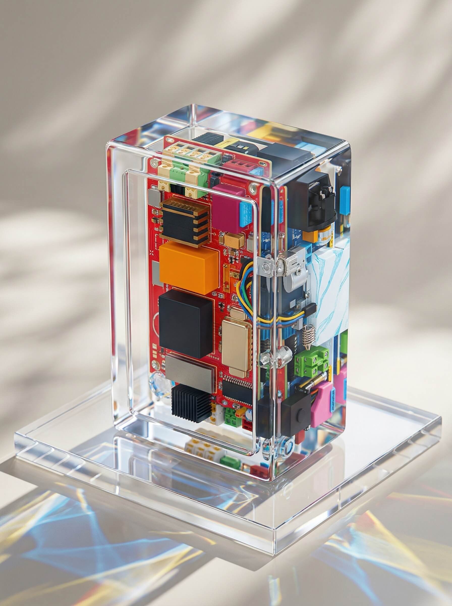 A complex electronic circuit board with multi-colored components permanently encapsulated inside a perfectly clear and massive block of durable epoxy resin, on a clear stand in bright sunlight with light refractions.