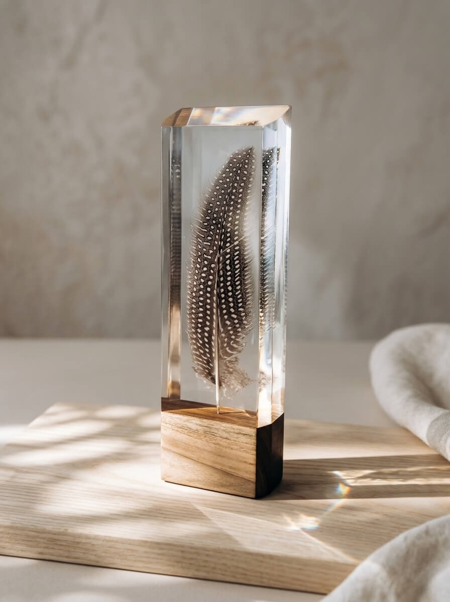 A tall, clear epoxy resin block encapsulating a delicate spotted bird feather, mounted on a wooden base in bright sunlight.