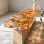 A long, thick rectangular console table made entirely of clear epoxy resin encapsulating bright orange and yellow flowers on a solid wood base.