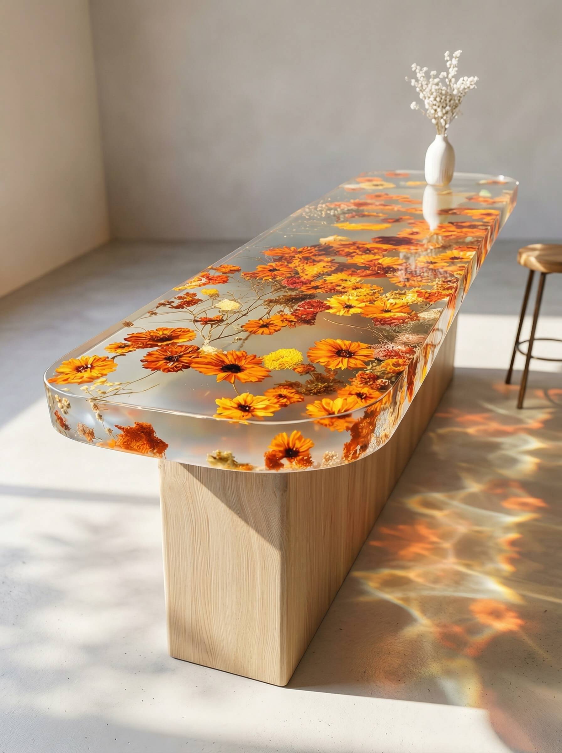 A long, thick rectangular console table made entirely of clear epoxy resin encapsulating bright orange and yellow flowers on a solid wood base.