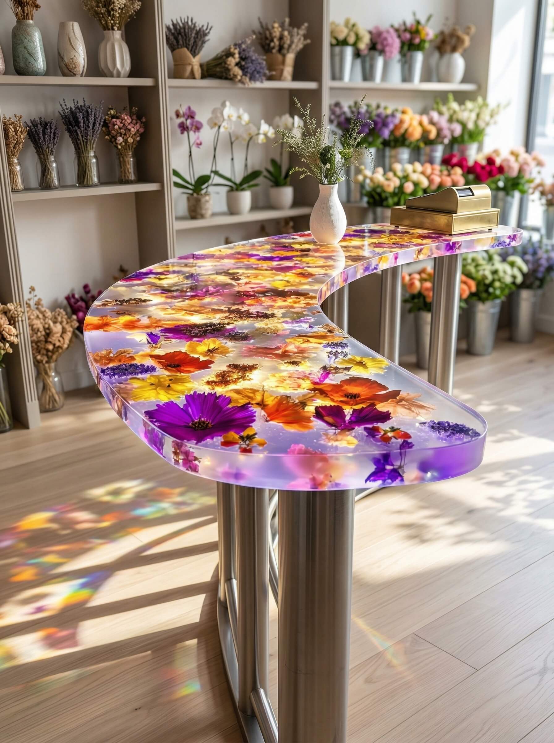 A curved, modern bar top made entirely of clear epoxy resin encapsulating a dense layer of colorful preserved flowers in a retail shop.