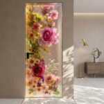 Interior modern door made entirely of clear epoxy resin encapsulating a dense cascade of pink roses and wildflowers.