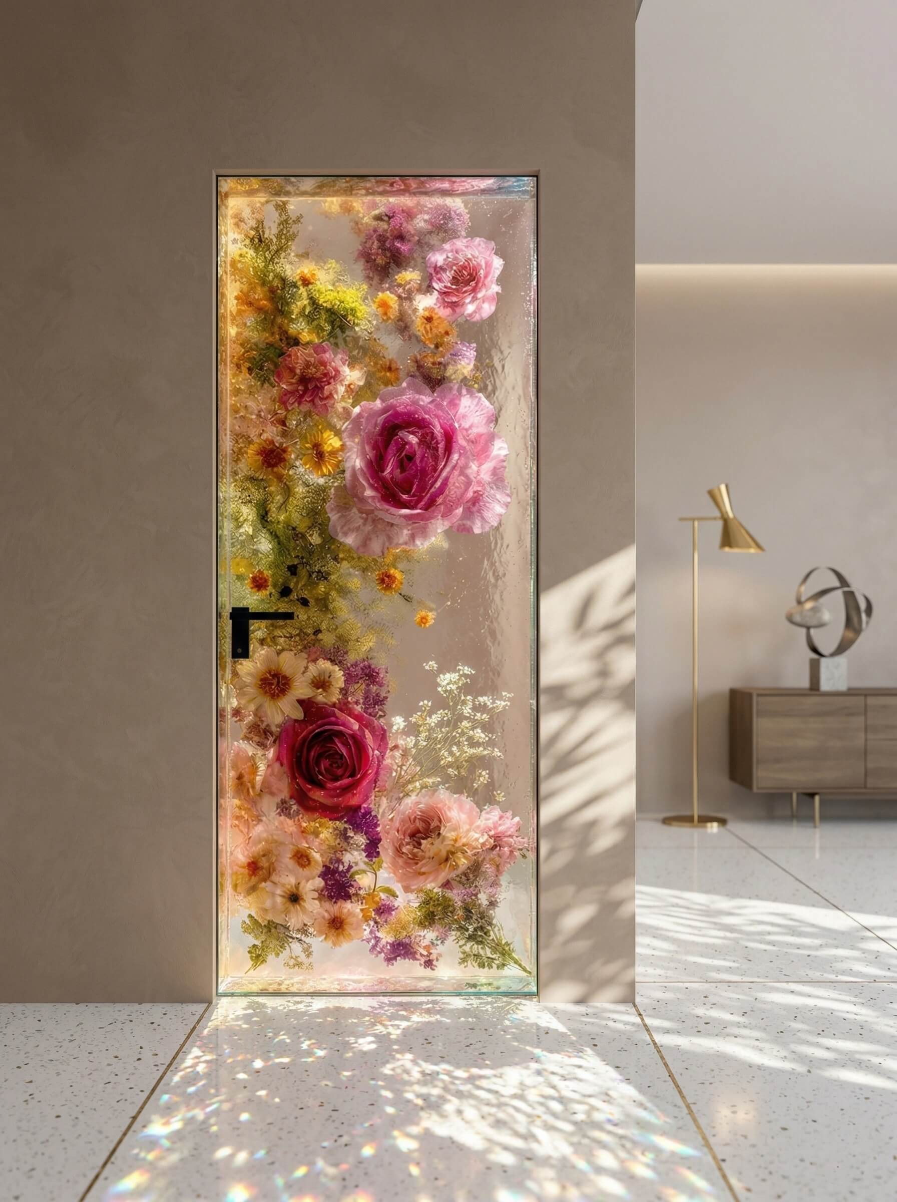 Interior modern door made entirely of clear epoxy resin encapsulating a dense cascade of pink roses and wildflowers.