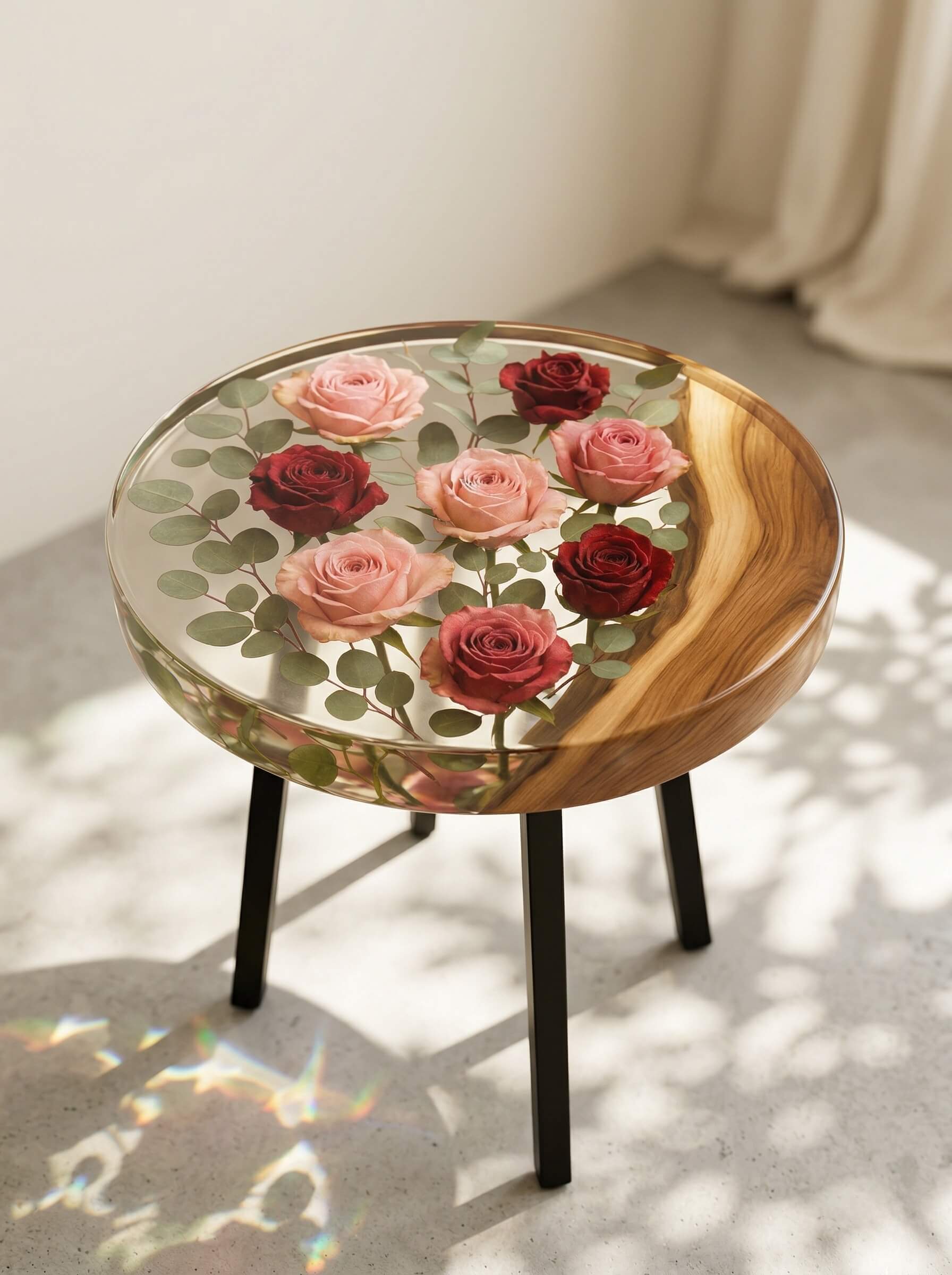 Round wooden side table featuring clear epoxy resin encapsulation of pink and red roses with green leaves.