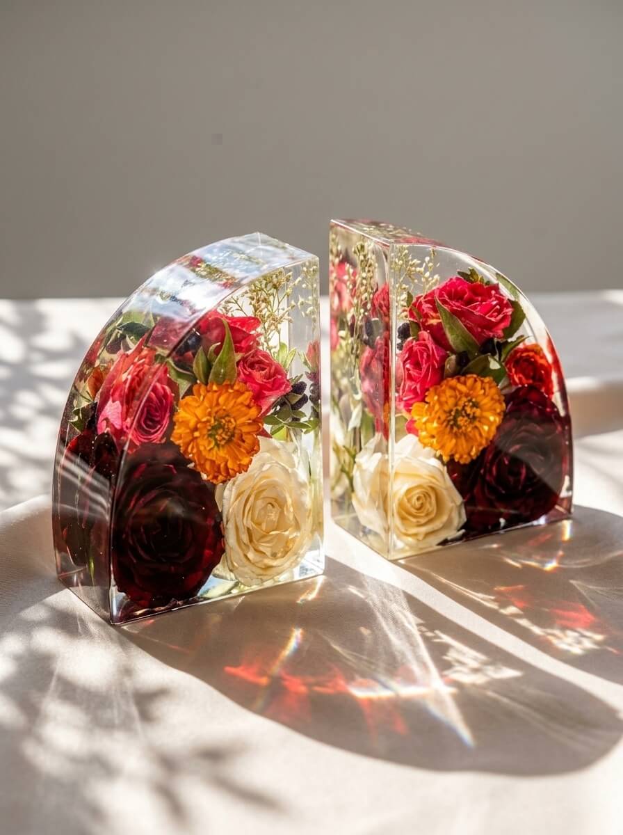 A pair of heavy, clear epoxy resin bookends encapsulating vibrant red, orange, and white roses sitting in bright sunlight.
