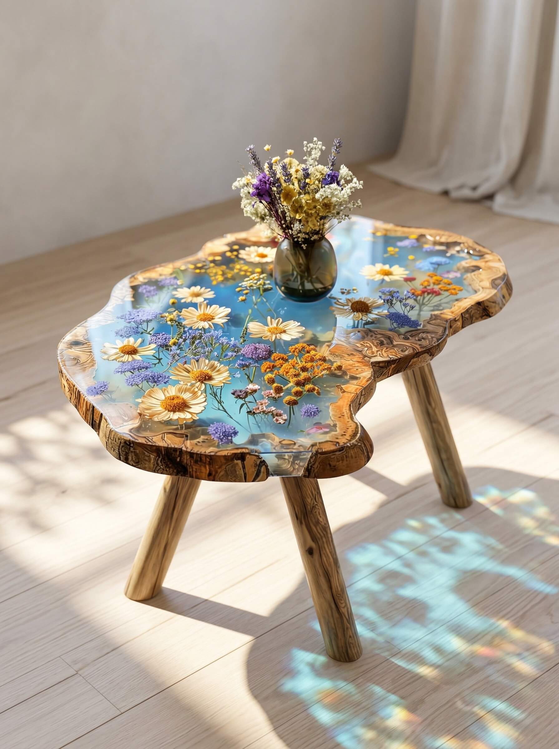 Small irregular shaped live-edge wood side table featuring clear epoxy resin encapsulation of yellow and blue daisies.