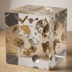 A clear epoxy resin block seamlessly encapsulating an exploded view of intricate mechanical watch gears and a white dial on a wooden desk.