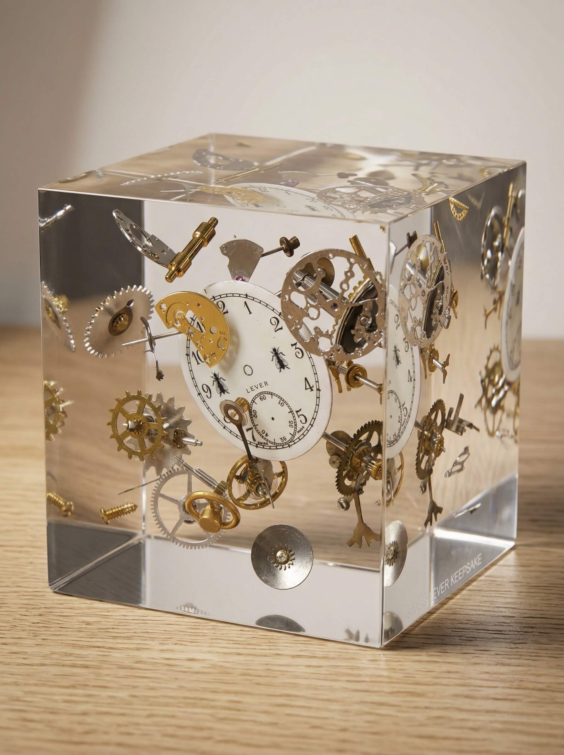 A clear epoxy resin block seamlessly encapsulating an exploded view of intricate mechanical watch gears and a white dial on a wooden desk.