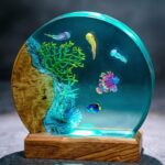 Round clear epoxy resin diorama on a wood base encapsulating a miniature underwater coral reef scene with tiny fish and jellyfish.