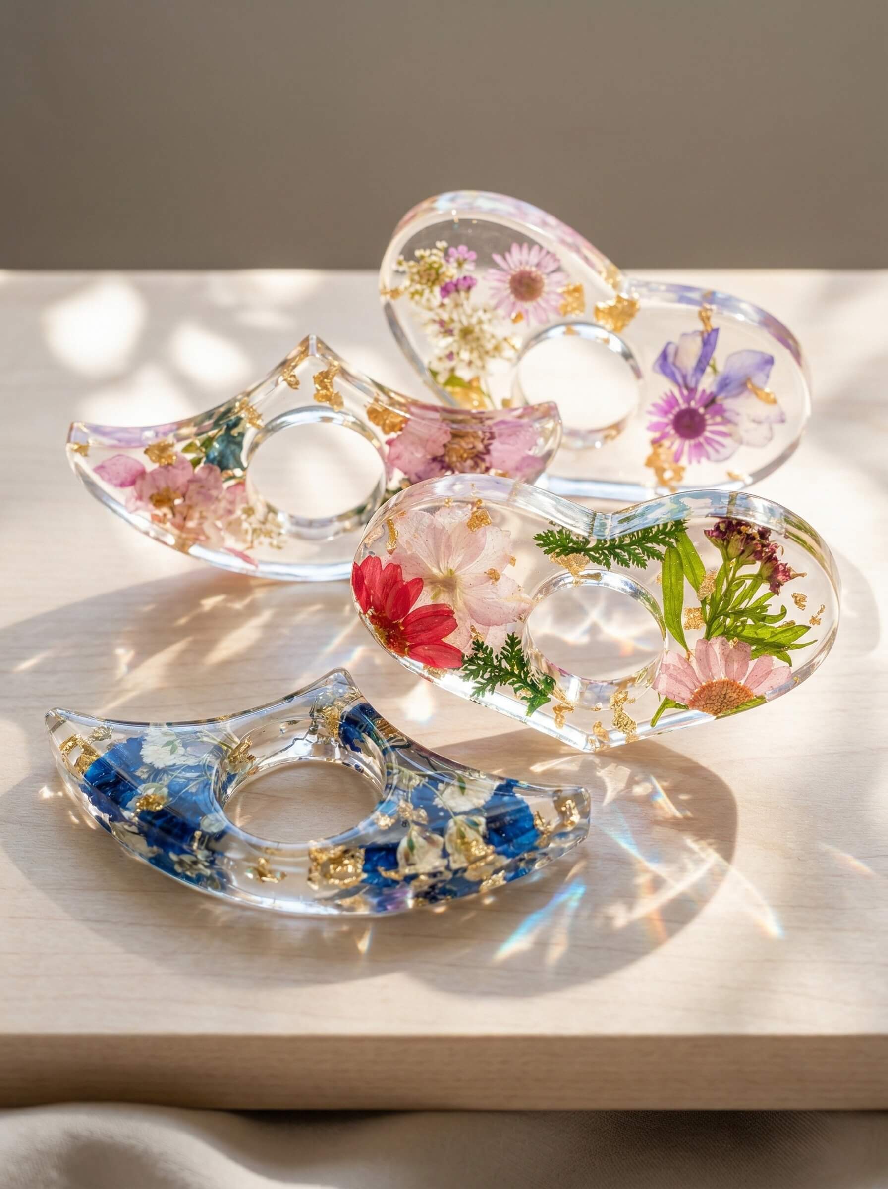 Clear epoxy resin ergonomic thumb page holders encapsulating tiny colorful flowers, leaves, and gold flakes on a wooden desk