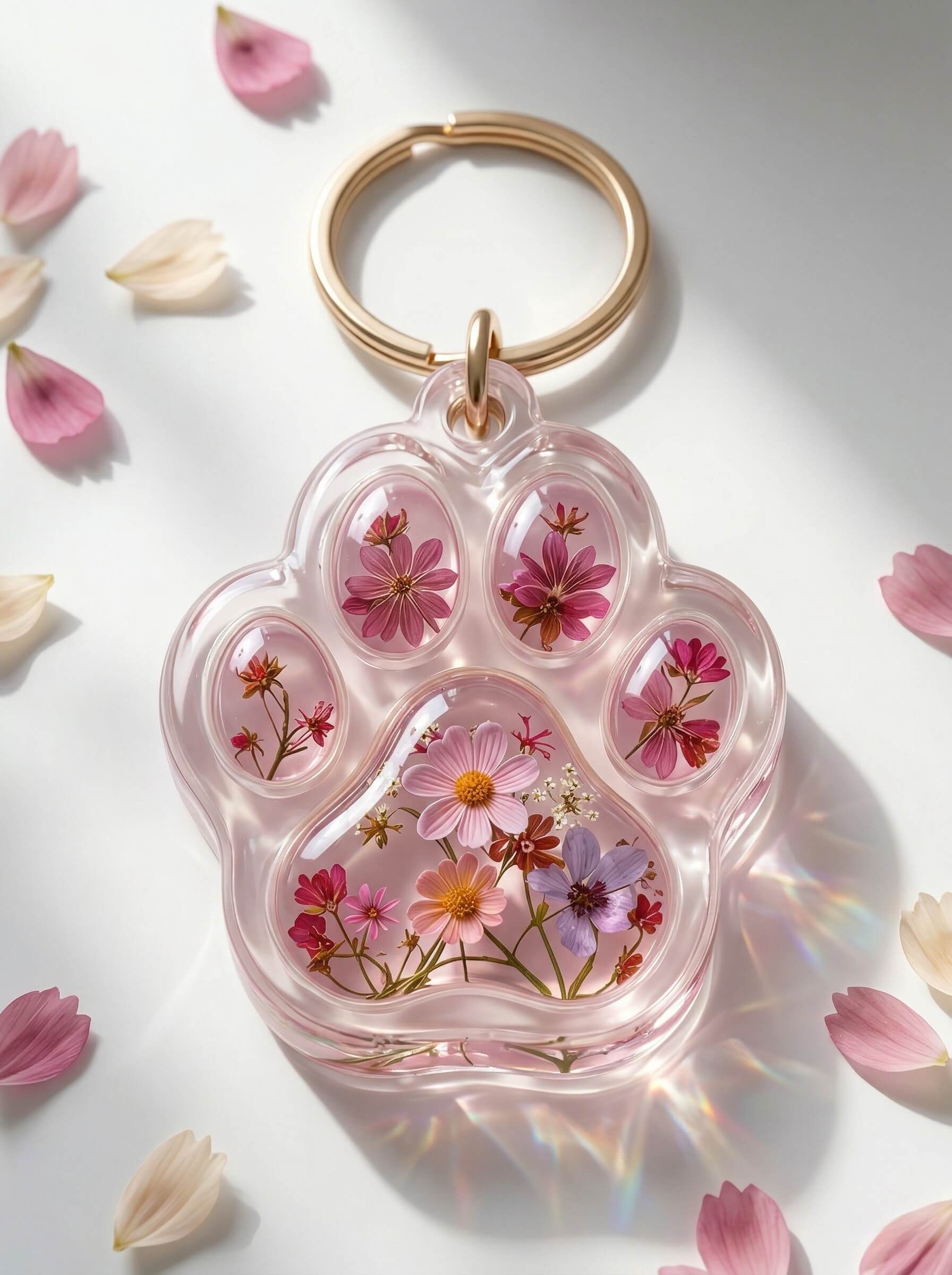 Custom paw print shaped clear epoxy resin keychain encapsulating tiny pink and purple preserved flowers with gold hardware.