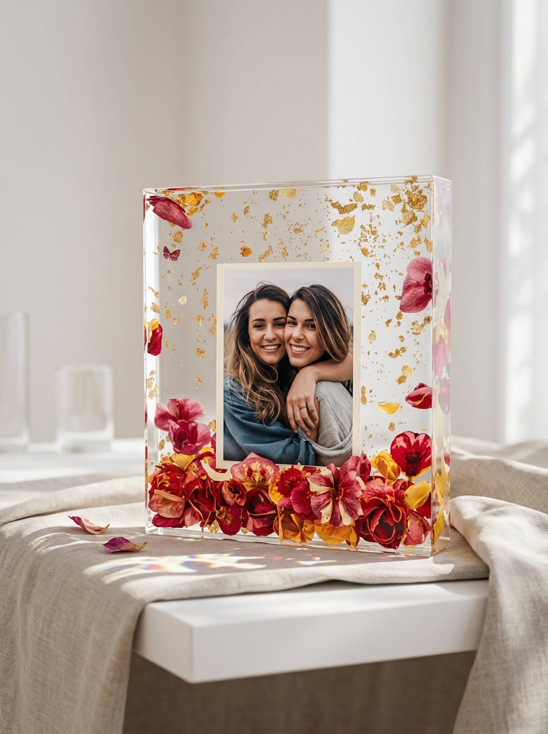 Thick clear epoxy resin block encapsulating a printed photograph of two women surrounded by red and yellow preserved flowers and gold flakes.