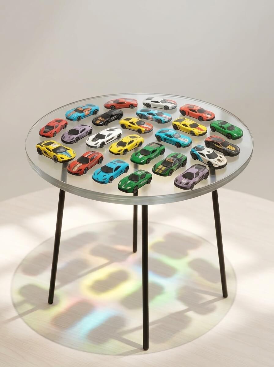 Round modern side table featuring a clear epoxy resin top encapsulating a large collection of colorful miniature toy cars.