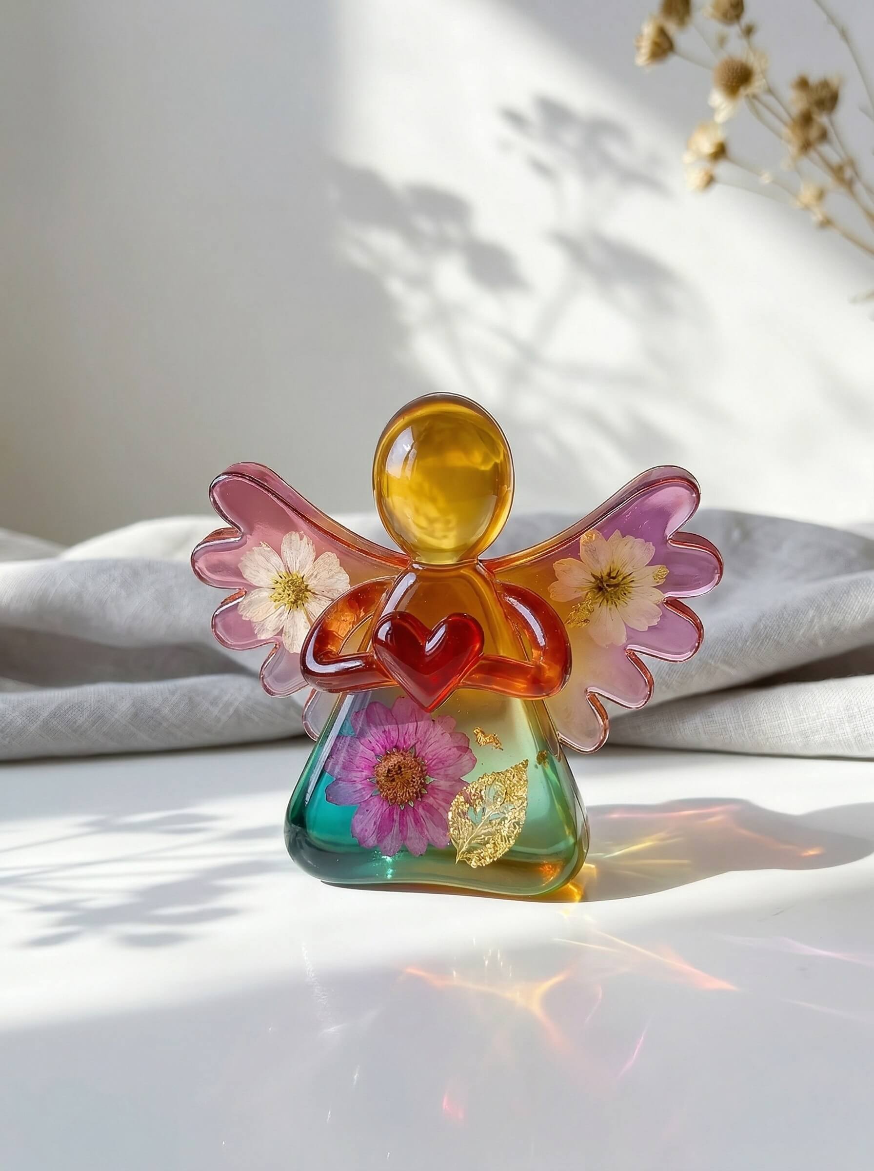 Custom colored epoxy resin angel figurine with embedded dried flowers and a red heart.