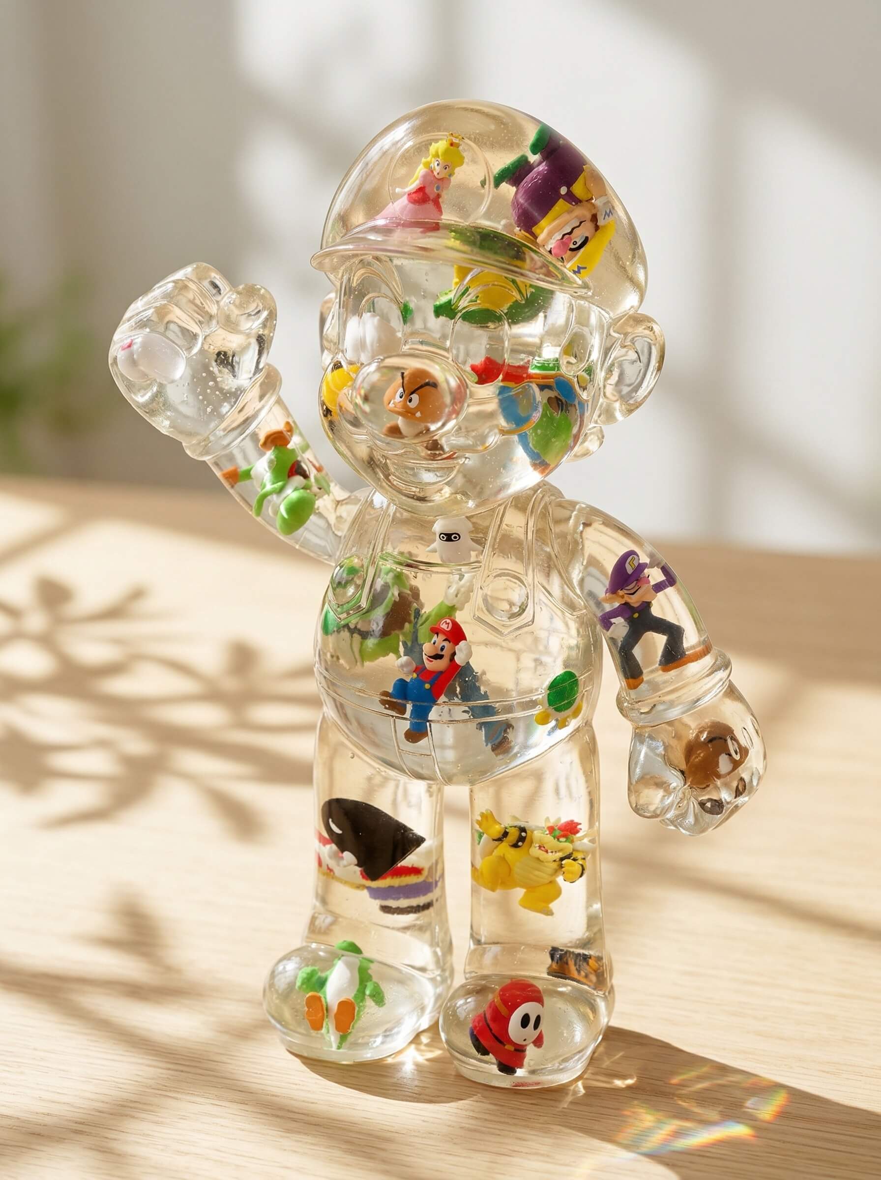 Custom clear epoxy resin figure shaped like Mario encapsulating various miniature toy characters inside.