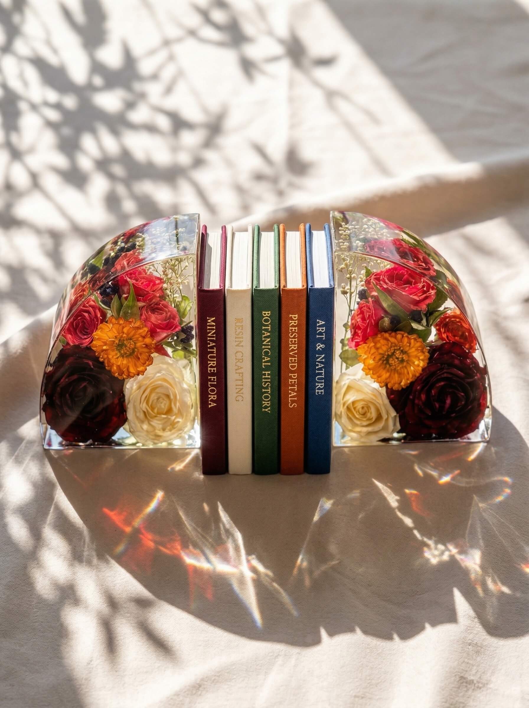 Clear epoxy resin floral bookends securely holding a row of colorful hardcover books on a sunlit table.