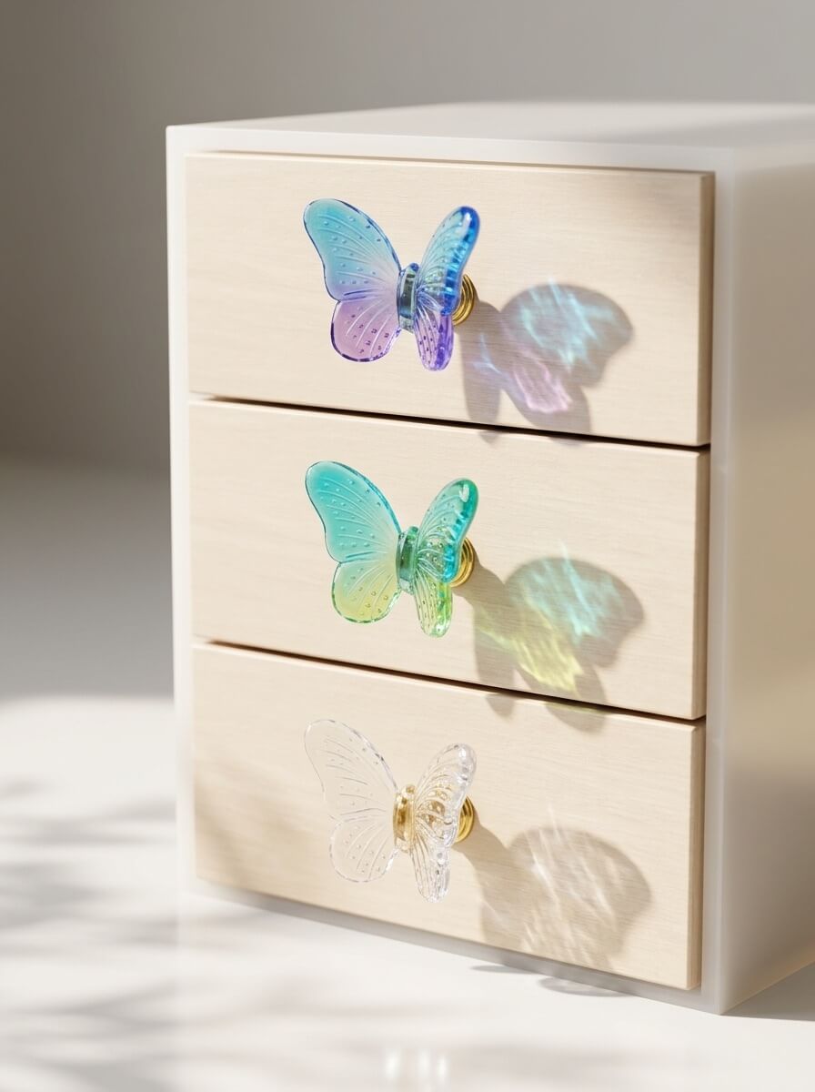 Three custom epoxy resin drawer knobs shaped like butterflies in translucent blue-purple, green-yellow, and clear finishes on a wooden dresser.