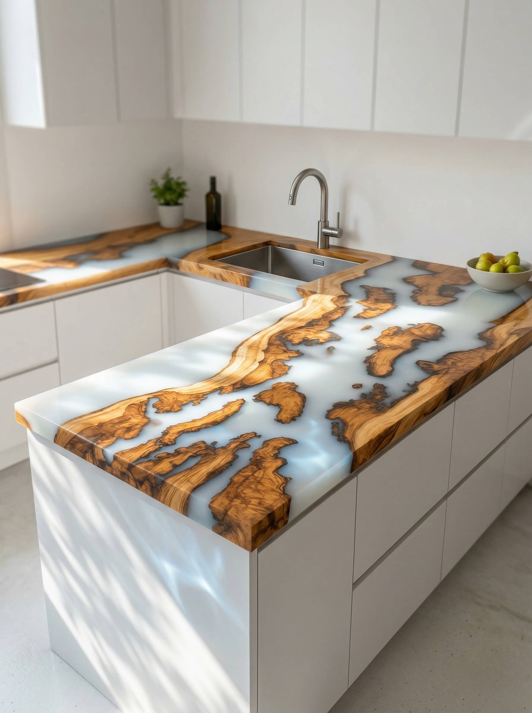 Modern white kitchen island featuring a custom countertop made of live-edge wood and white swirled colored epoxy resin.