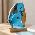 Geometric custom epoxy resin and wood diorama encapsulating miniature scuba divers and manta rays in a deep blue ocean chasm.