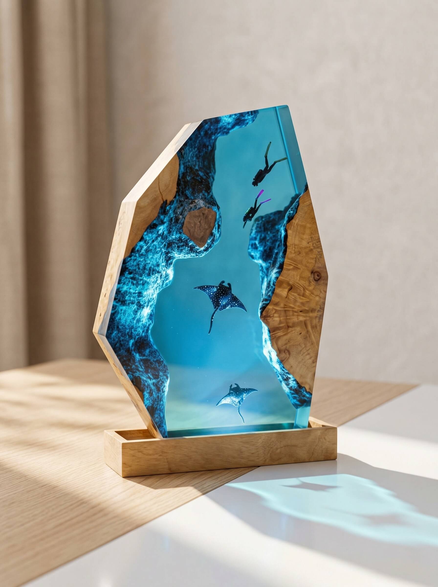 Geometric custom epoxy resin and wood diorama encapsulating miniature scuba divers and manta rays in a deep blue ocean chasm.