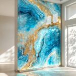 Large freestanding room divider made of glowing custom colored epoxy resin with swirling blue and gold patterns.