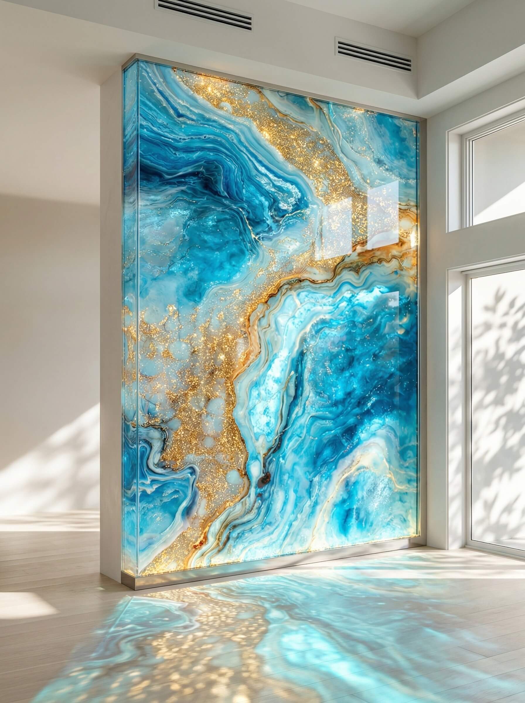Large freestanding room divider made of glowing custom colored epoxy resin with swirling blue and gold patterns.