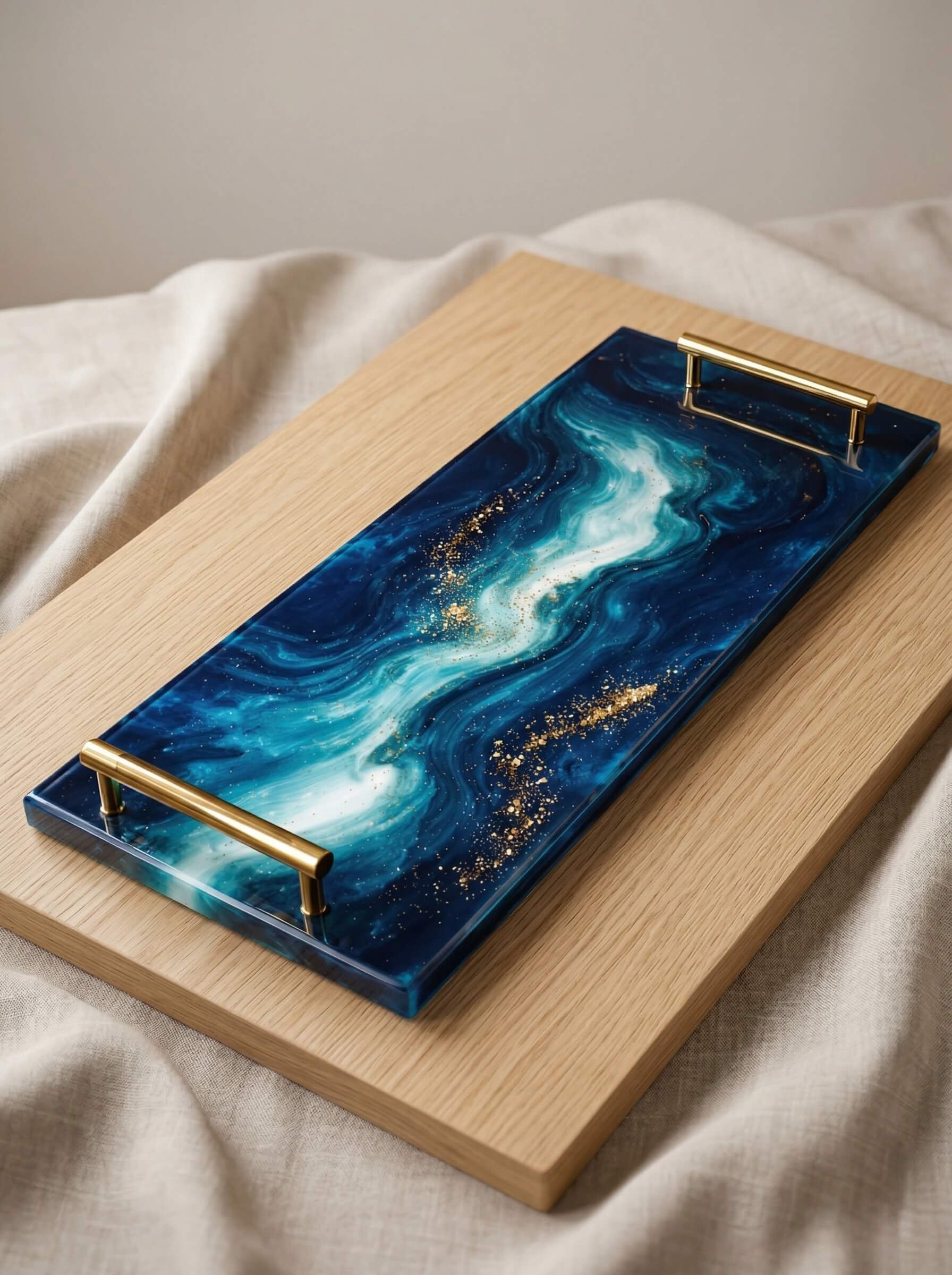 Rectangular colored epoxy resin serving tray with gold handles featuring a swirling deep blue and white marble pattern.