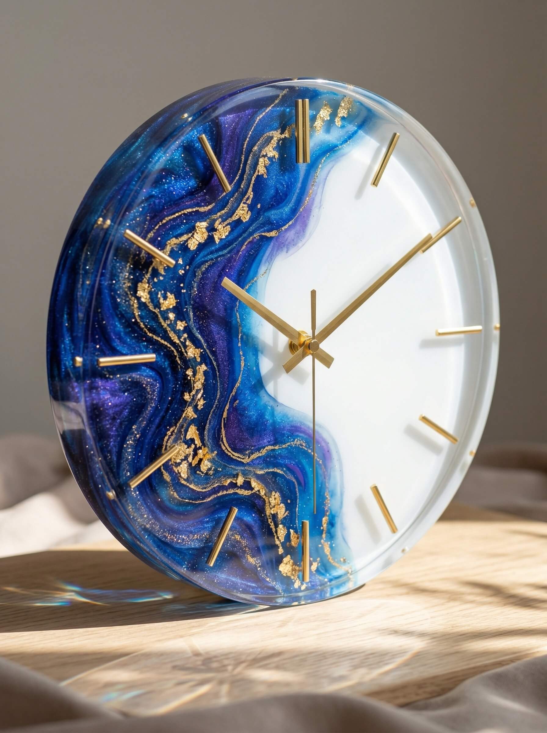 Modern round wall clock featuring a half-white face and half swirling deep blue and purple colored epoxy resin with gold flakes