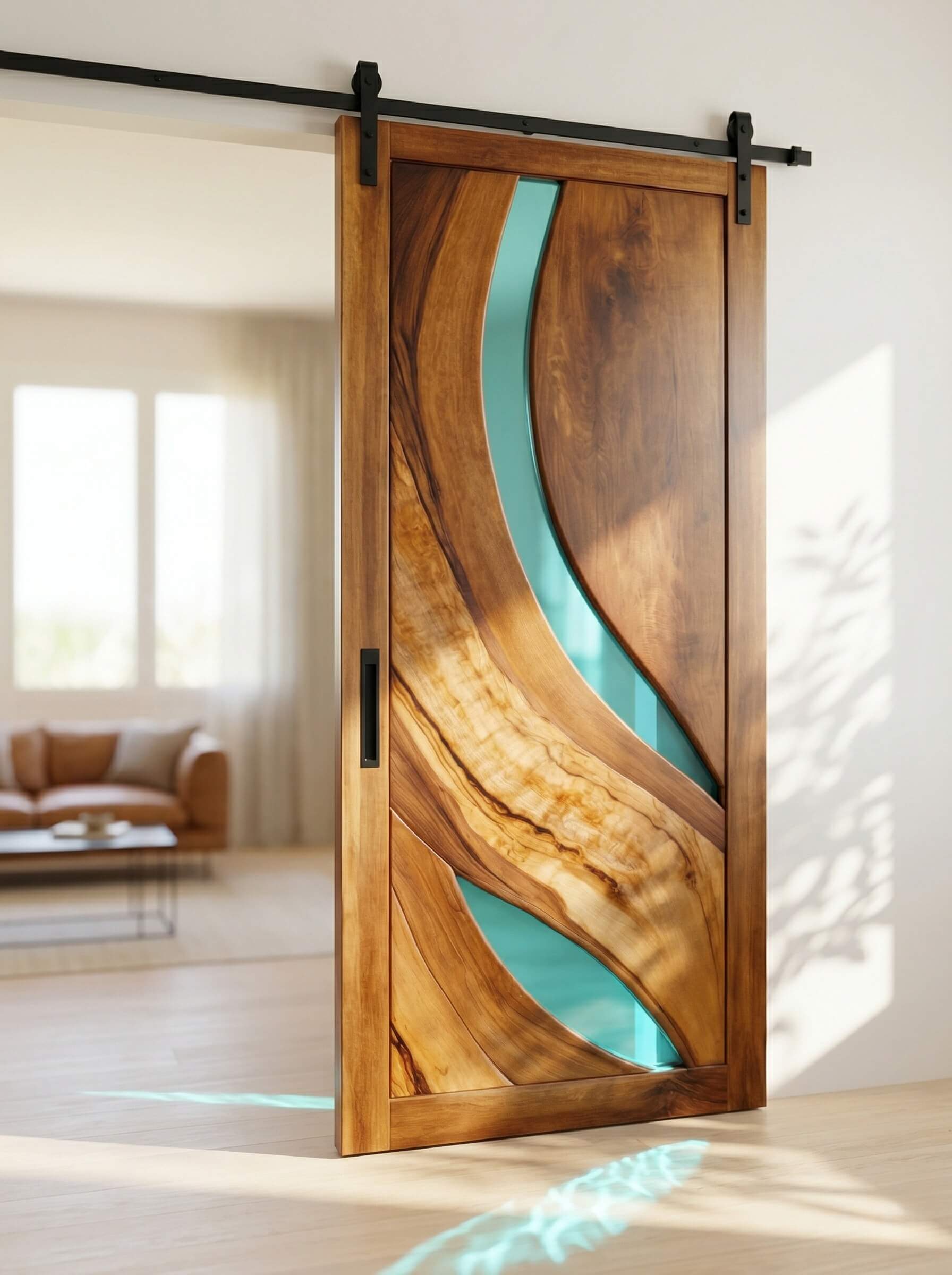 Sliding wooden barn door featuring curved live-edge wood sections joined by semi-transparent teal colored epoxy resin.
