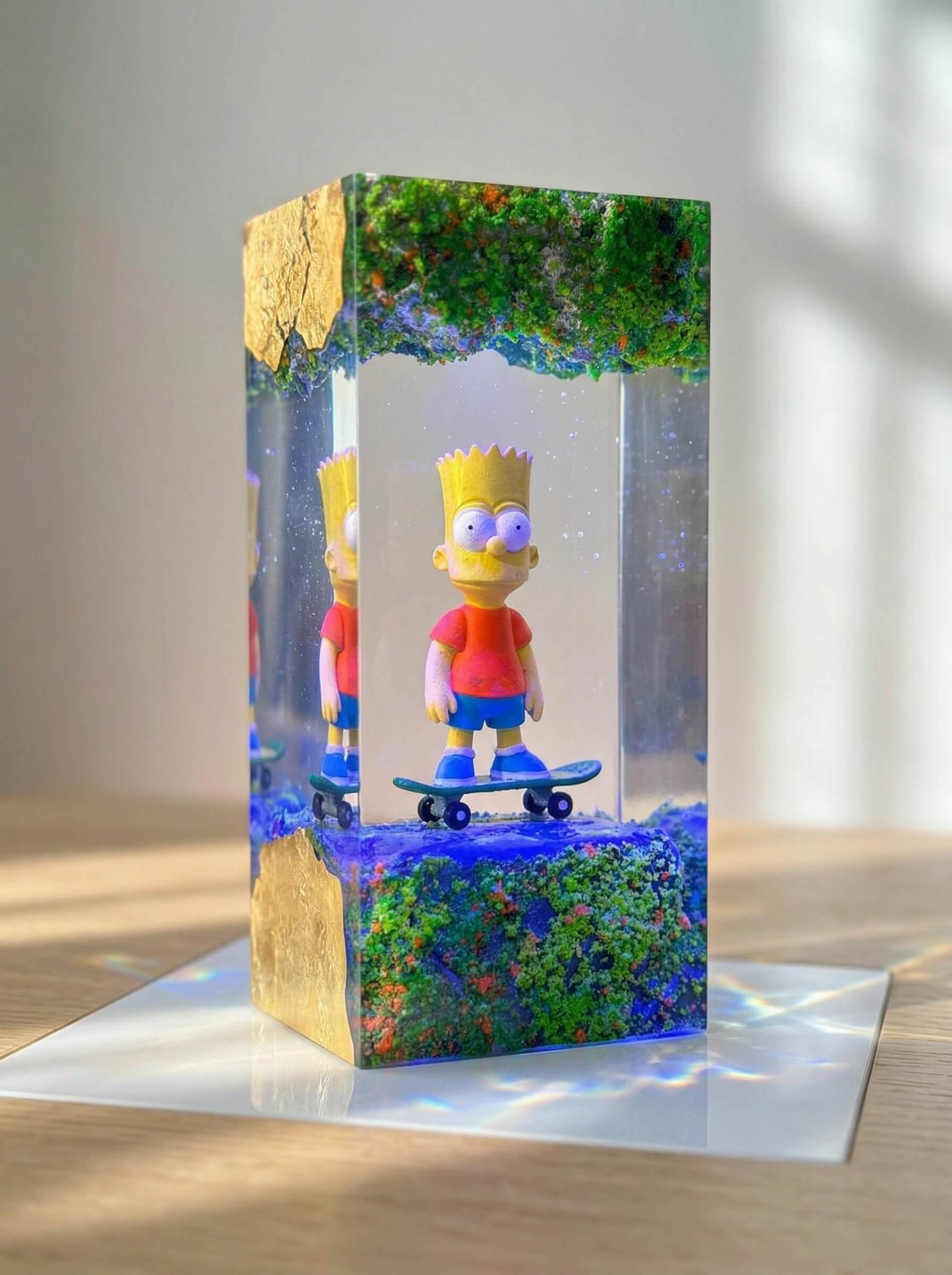 Tall clear epoxy resin block encapsulating a Bart Simpson action figure on a skateboard with textured terrain and gold leaf accents.